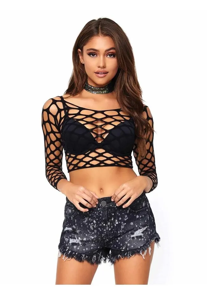 Leg Avenue Vibrators Leg Avenue Pothole Net Long Sleeved Crop Top
