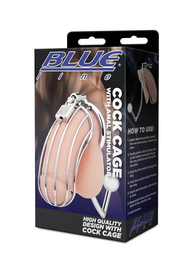 Male Sex Toys Blue Line CandB Gear Cock Cage with Anal Stimulator