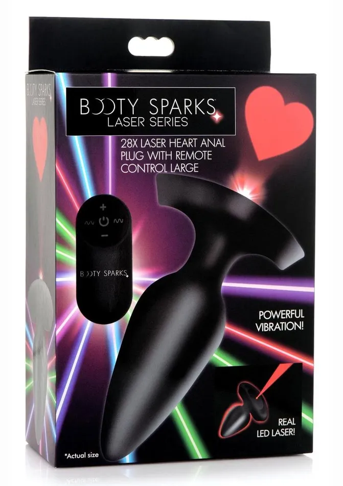 Male Sex Toys Booty Sparks Booty Sparks Laser Heart Rechargeable Silicone Anal Plug with Remote Control Large Black with Red Lights