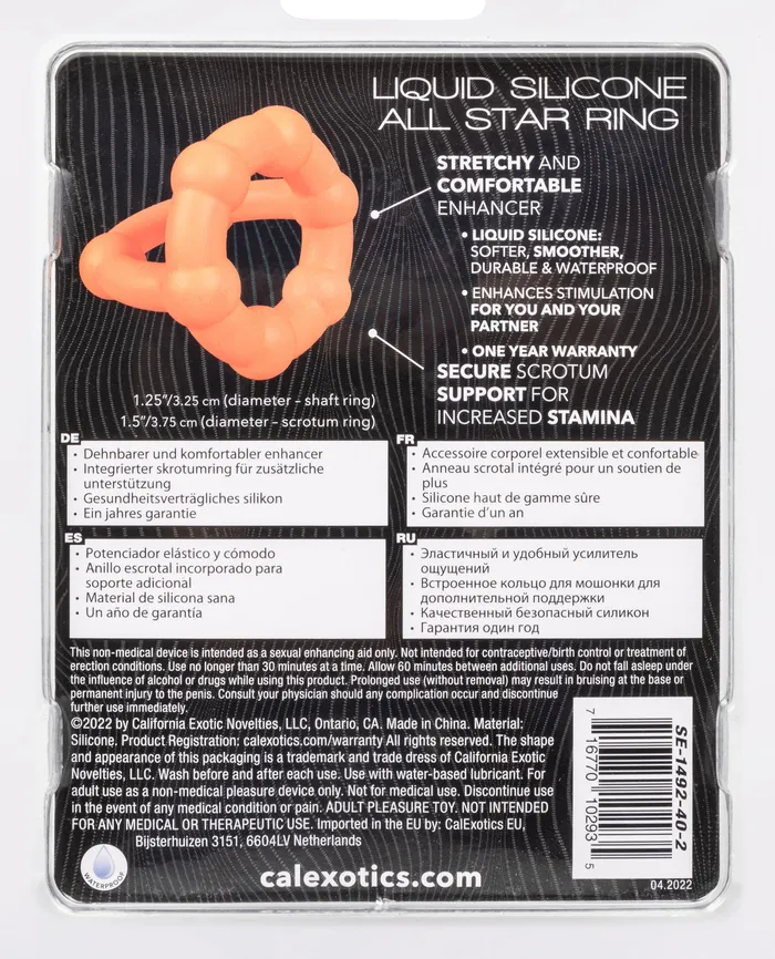 Male Sex Toys CalExotics Alpha Liquid Silicone All Star Ring Orange