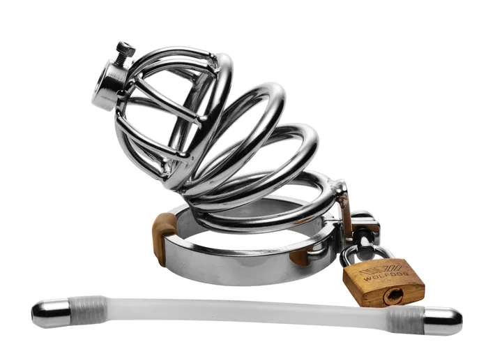 Male Sex Toys XR Brands Master Series Stainless Steel Chastity Cage With Silicone Urethral Plug Male Sex Toys XR Brands Master Series Stainless Steel Chastity Cage With Silicone Urethral Plug