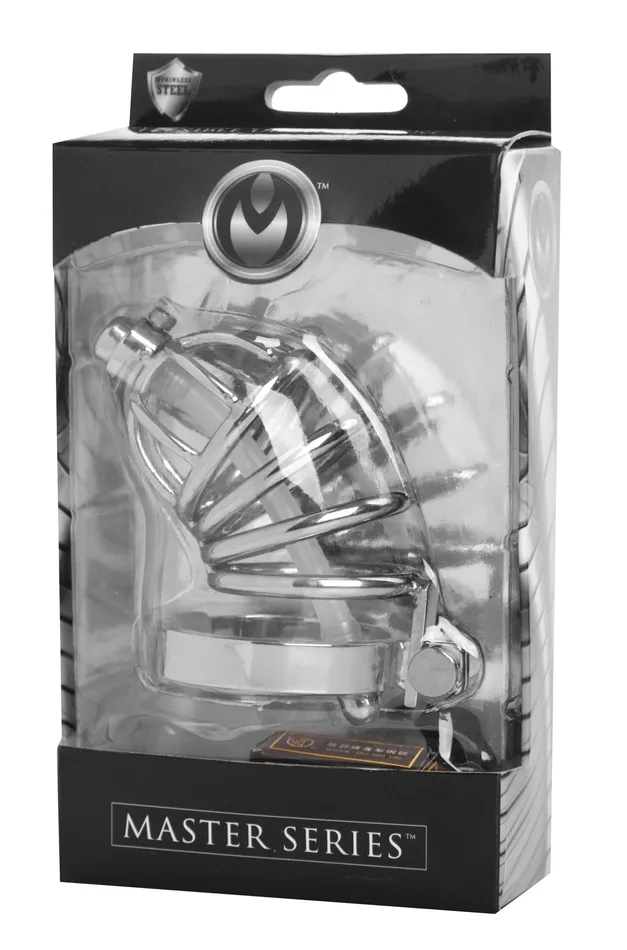 Male Sex Toys XR Brands Master Series Stainless Steel Chastity Cage With Silicone Urethral Plug