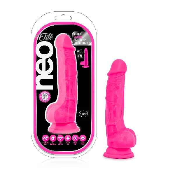 Neo Elite 75in Silicone Dual Density Cock with Balls Neon Pink Blush Female Sex Toys Neo Elite 75in Silicone Dual Density Cock with Balls Neon Pink Blush Female Sex Toys